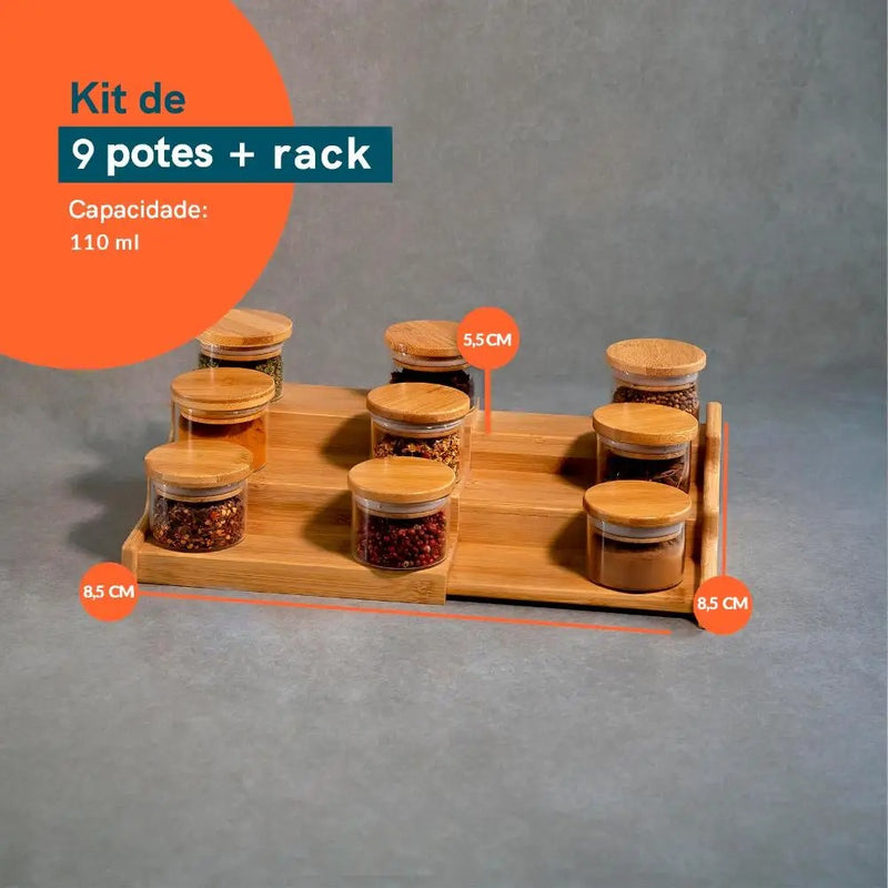 Kit com 9 Potes de Vidro + Rack de Bambu