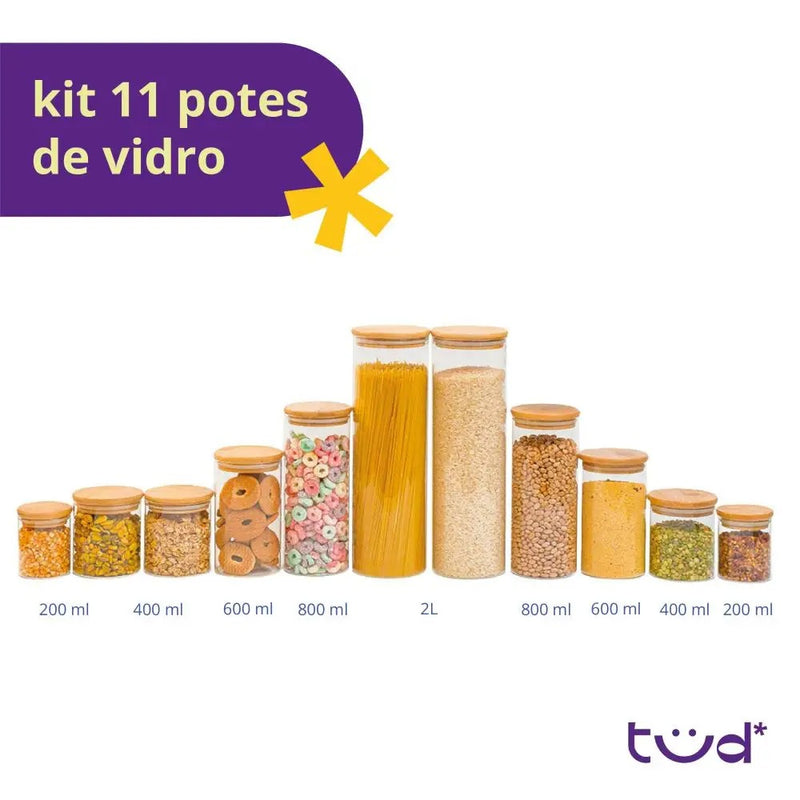 Kit com 11 Potes Herméticos de Vidro